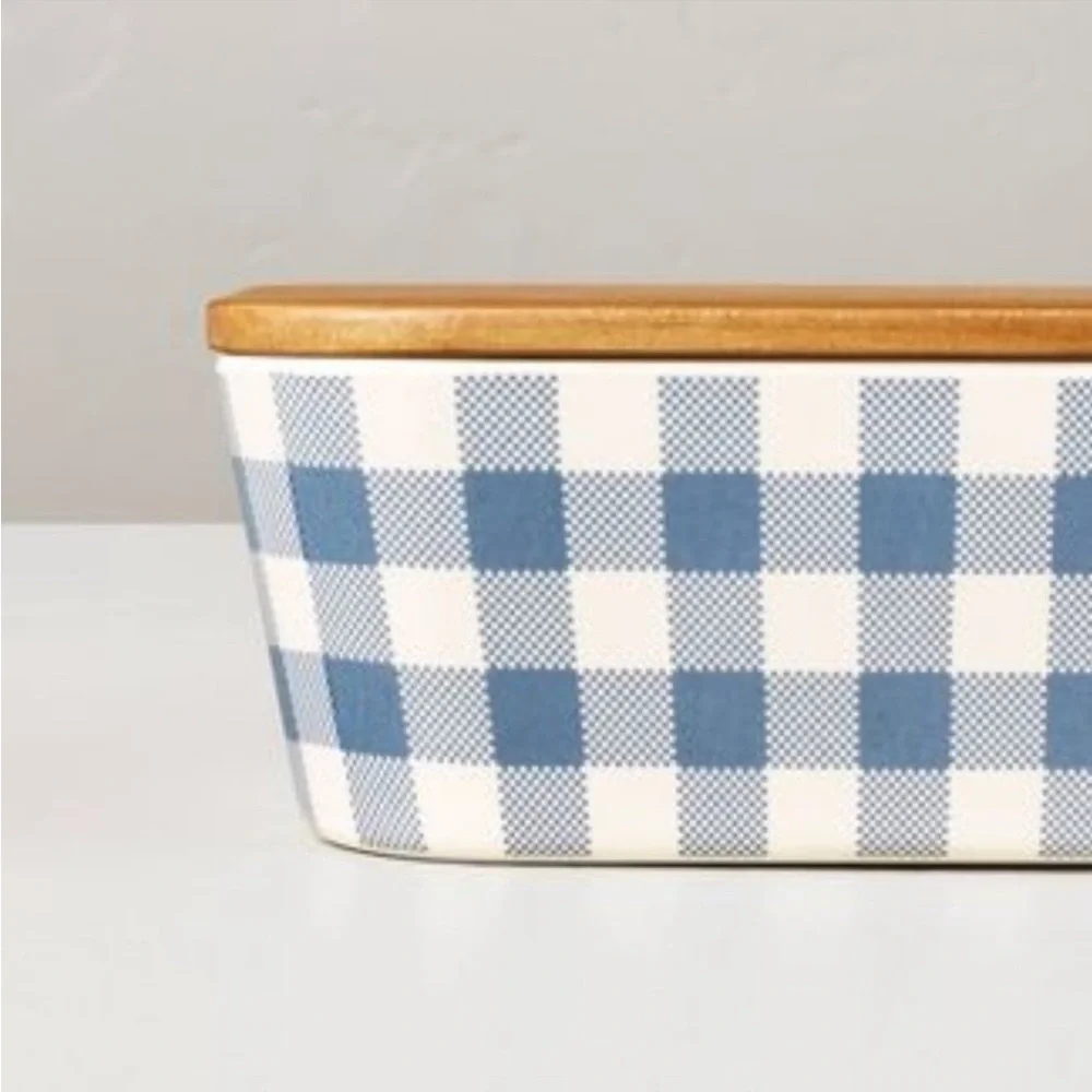 Hearth & Hand Magnolia Gingham Bamboo-Melamine Bento Box Wood Lid Blue/Cream - Picture 3 of 7
